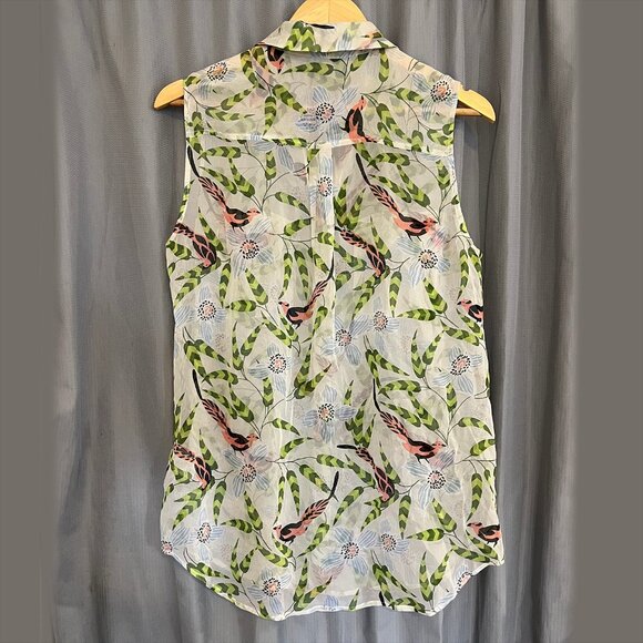 EQUIPMENT Femme Sheer Bird and Leaves Sleeveless Silk Top | L - Picture 2 of 6